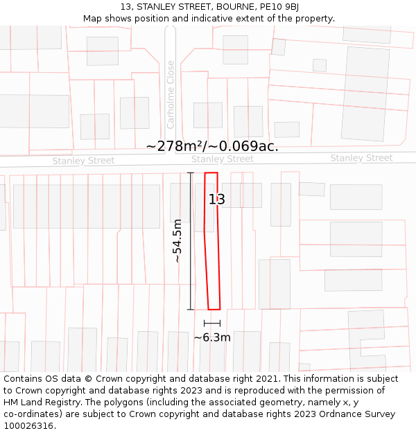 13, STANLEY STREET, BOURNE, PE10 9BJ: Plot and title map