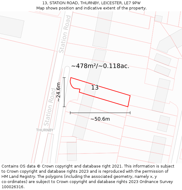 13, STATION ROAD, THURNBY, LEICESTER, LE7 9PW: Plot and title map