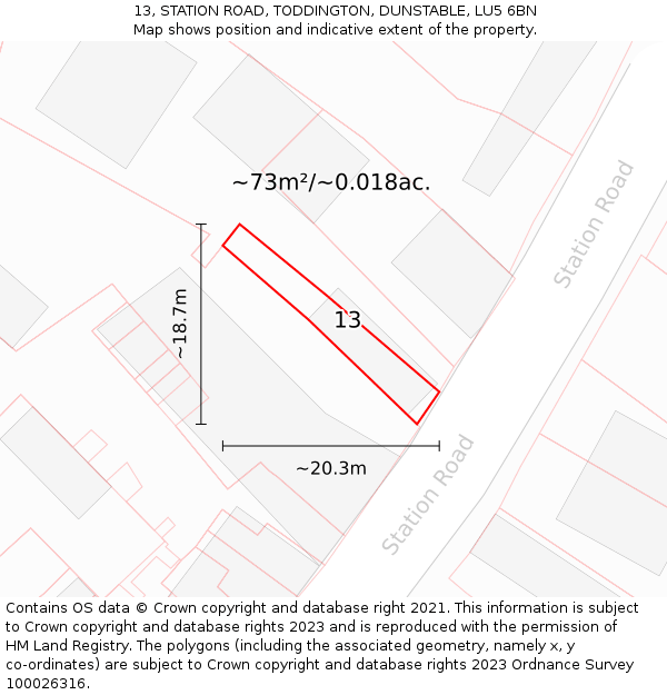 13, STATION ROAD, TODDINGTON, DUNSTABLE, LU5 6BN: Plot and title map