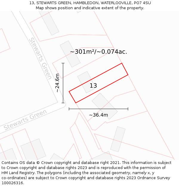 13, STEWARTS GREEN, HAMBLEDON, WATERLOOVILLE, PO7 4SU: Plot and title map