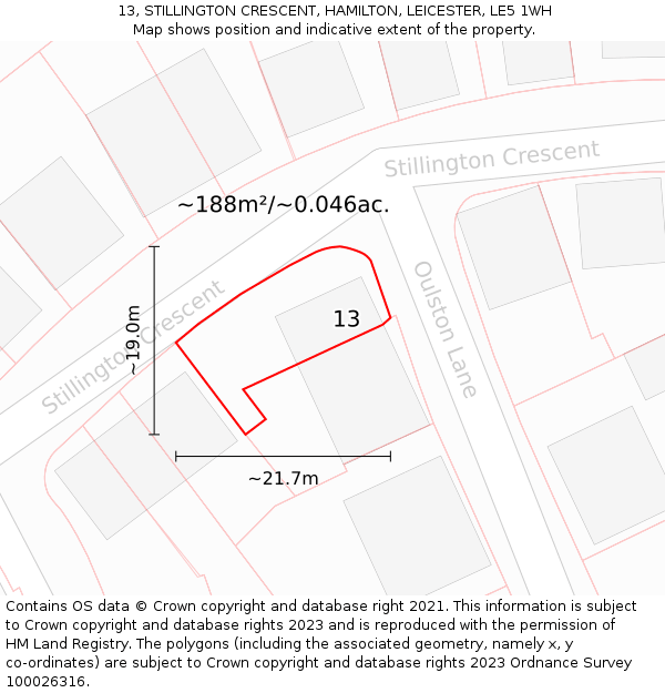 13, STILLINGTON CRESCENT, HAMILTON, LEICESTER, LE5 1WH: Plot and title map