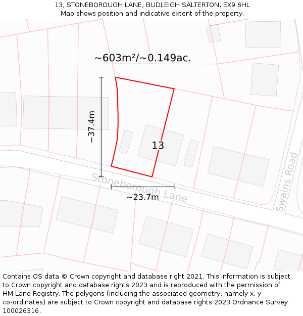 13, STONEBOROUGH LANE, BUDLEIGH SALTERTON, EX9 6HL: Plot and title map