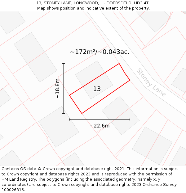 13, STONEY LANE, LONGWOOD, HUDDERSFIELD, HD3 4TL: Plot and title map