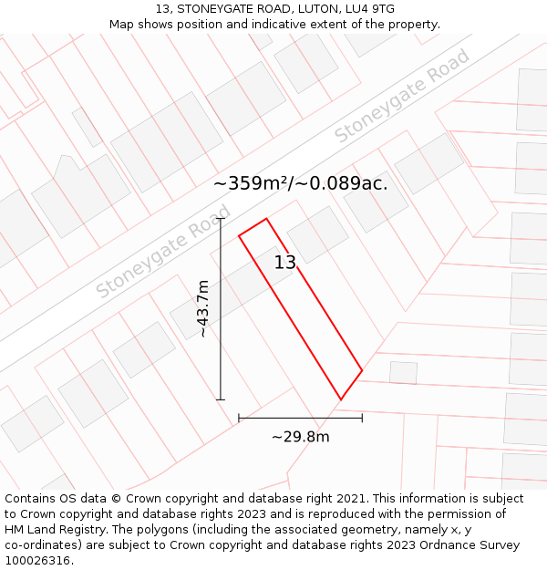 13, STONEYGATE ROAD, LUTON, LU4 9TG: Plot and title map