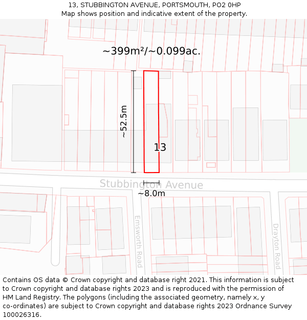 13, STUBBINGTON AVENUE, PORTSMOUTH, PO2 0HP: Plot and title map