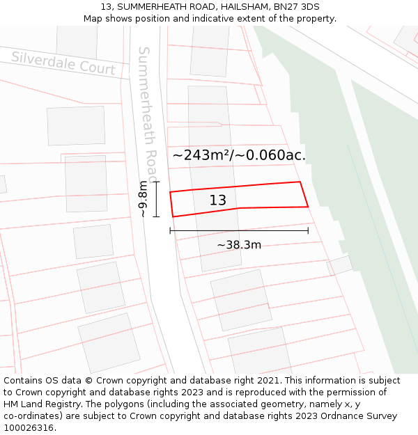 13, SUMMERHEATH ROAD, HAILSHAM, BN27 3DS: Plot and title map