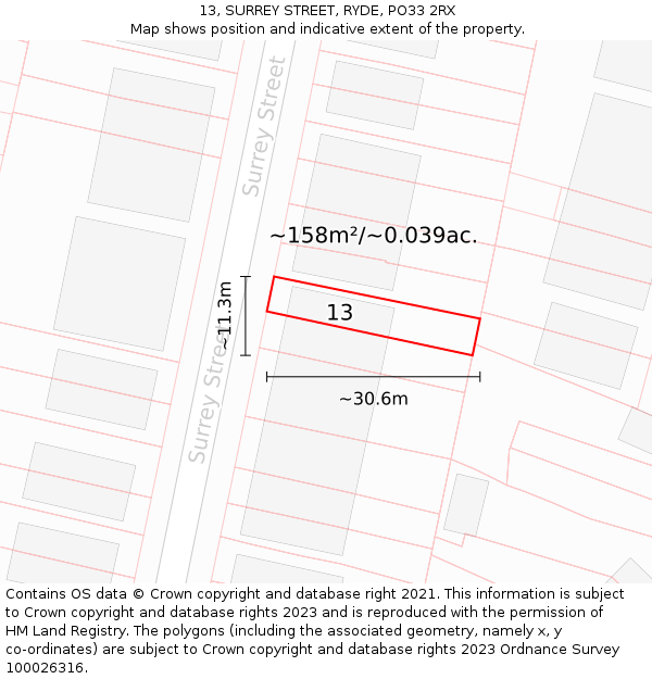 13, SURREY STREET, RYDE, PO33 2RX: Plot and title map