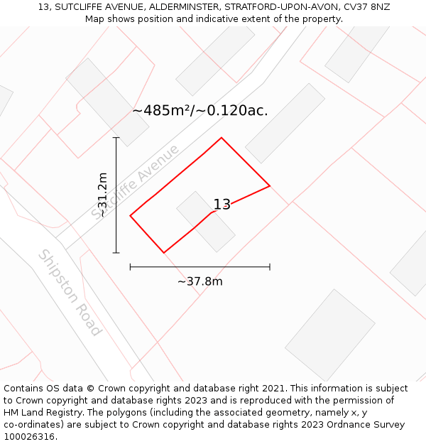 13, SUTCLIFFE AVENUE, ALDERMINSTER, STRATFORD-UPON-AVON, CV37 8NZ: Plot and title map