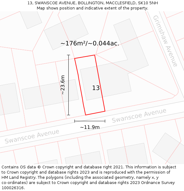 13, SWANSCOE AVENUE, BOLLINGTON, MACCLESFIELD, SK10 5NH: Plot and title map