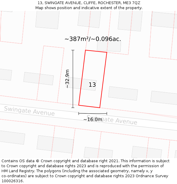 13, SWINGATE AVENUE, CLIFFE, ROCHESTER, ME3 7QZ: Plot and title map