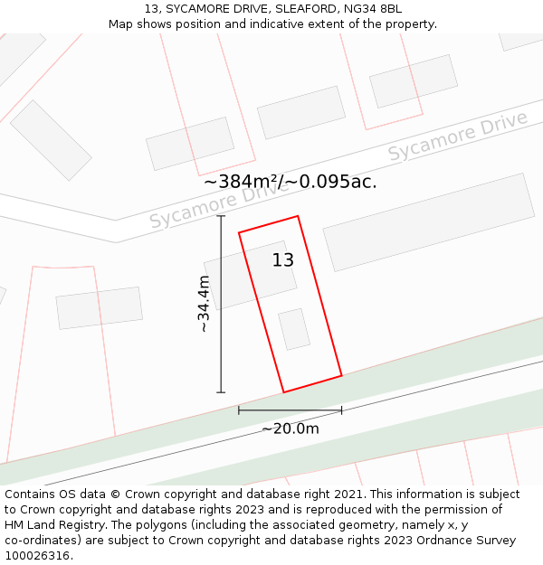 13, SYCAMORE DRIVE, SLEAFORD, NG34 8BL: Plot and title map