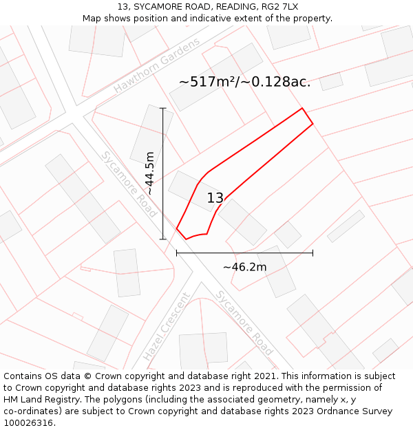 13, SYCAMORE ROAD, READING, RG2 7LX: Plot and title map