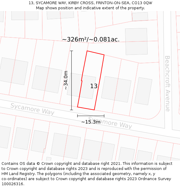 13, SYCAMORE WAY, KIRBY CROSS, FRINTON-ON-SEA, CO13 0QW: Plot and title map