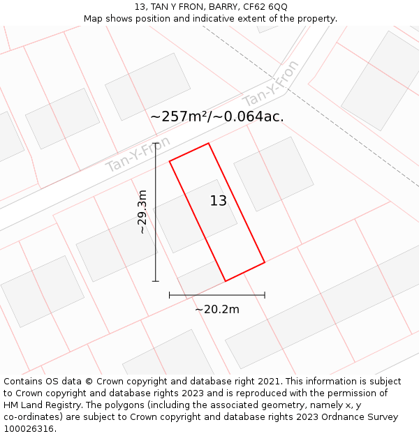 13, TAN Y FRON, BARRY, CF62 6QQ: Plot and title map