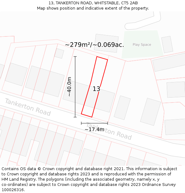 13, TANKERTON ROAD, WHITSTABLE, CT5 2AB: Plot and title map