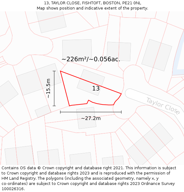 13, TAYLOR CLOSE, FISHTOFT, BOSTON, PE21 0NL: Plot and title map