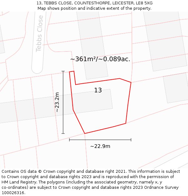 13, TEBBS CLOSE, COUNTESTHORPE, LEICESTER, LE8 5XG: Plot and title map