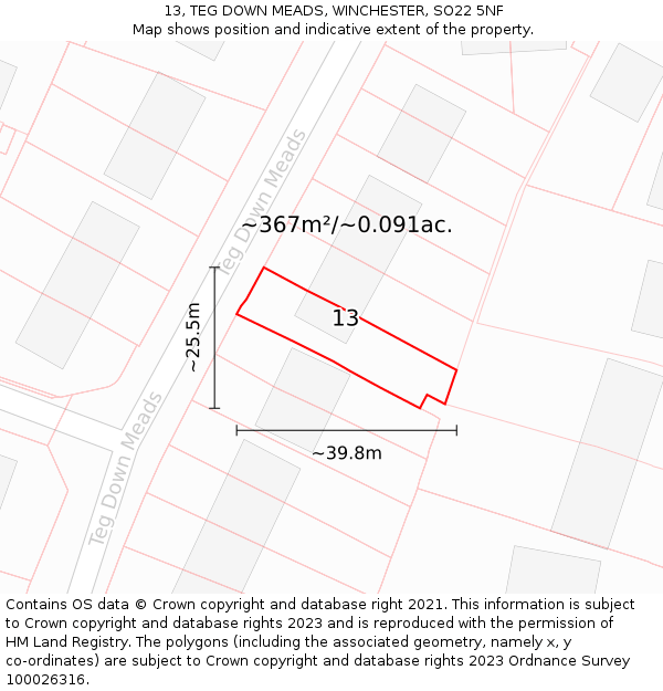 13, TEG DOWN MEADS, WINCHESTER, SO22 5NF: Plot and title map