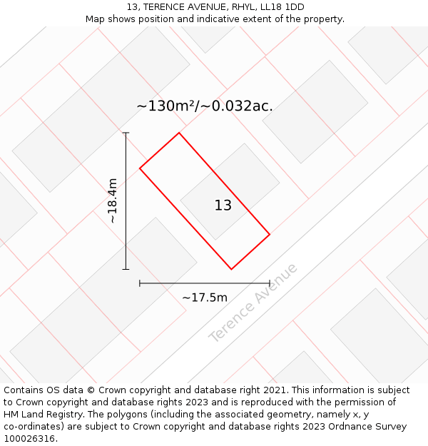 13, TERENCE AVENUE, RHYL, LL18 1DD: Plot and title map