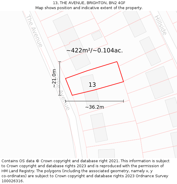 13, THE AVENUE, BRIGHTON, BN2 4GF: Plot and title map