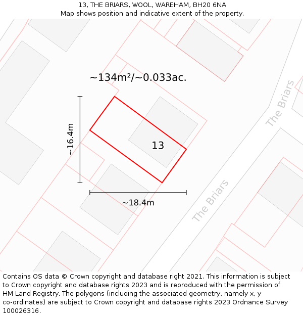 13, THE BRIARS, WOOL, WAREHAM, BH20 6NA: Plot and title map