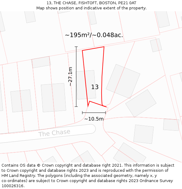 13, THE CHASE, FISHTOFT, BOSTON, PE21 0AT: Plot and title map