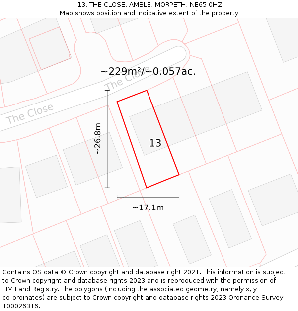 13, THE CLOSE, AMBLE, MORPETH, NE65 0HZ: Plot and title map