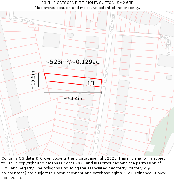 13, THE CRESCENT, BELMONT, SUTTON, SM2 6BP: Plot and title map