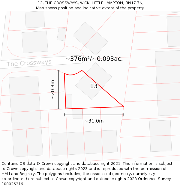 13, THE CROSSWAYS, WICK, LITTLEHAMPTON, BN17 7NJ: Plot and title map