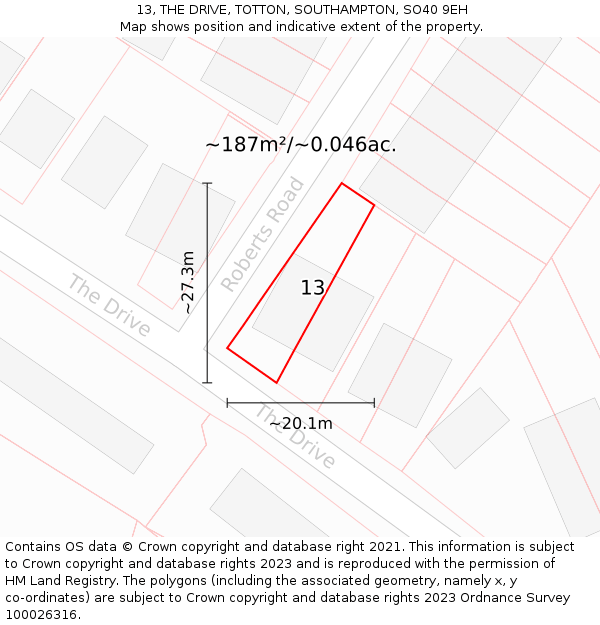 13, THE DRIVE, TOTTON, SOUTHAMPTON, SO40 9EH: Plot and title map