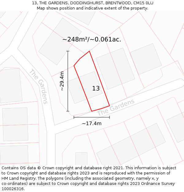 13, THE GARDENS, DODDINGHURST, BRENTWOOD, CM15 0LU: Plot and title map