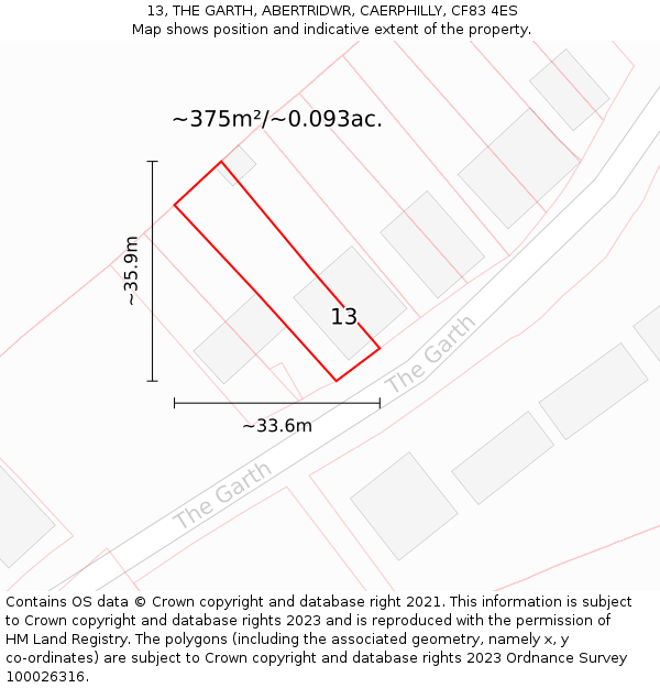 13, THE GARTH, ABERTRIDWR, CAERPHILLY, CF83 4ES: Plot and title map