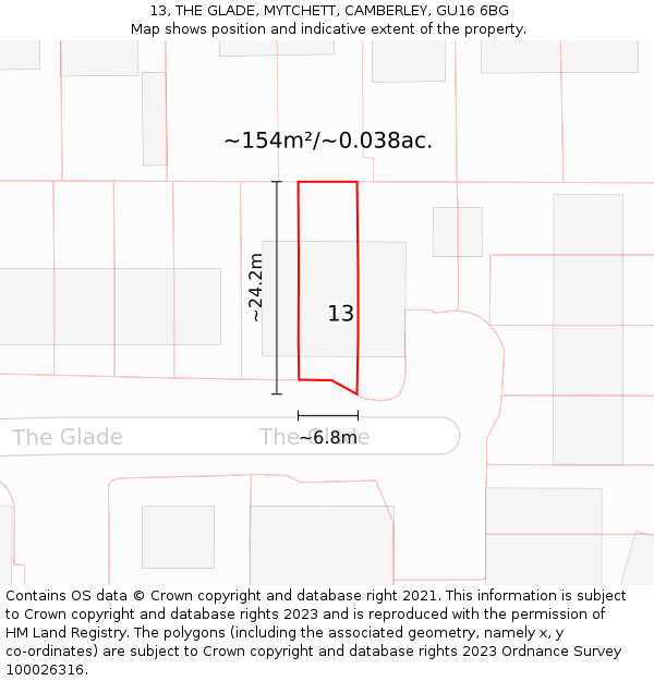 13, THE GLADE, MYTCHETT, CAMBERLEY, GU16 6BG: Plot and title map