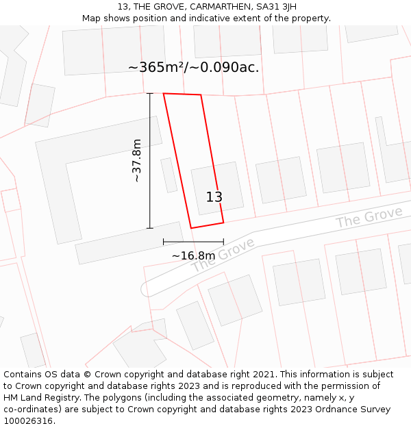 13, THE GROVE, CARMARTHEN, SA31 3JH: Plot and title map