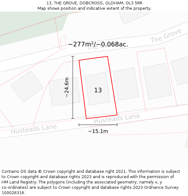 13, THE GROVE, DOBCROSS, OLDHAM, OL3 5RR: Plot and title map