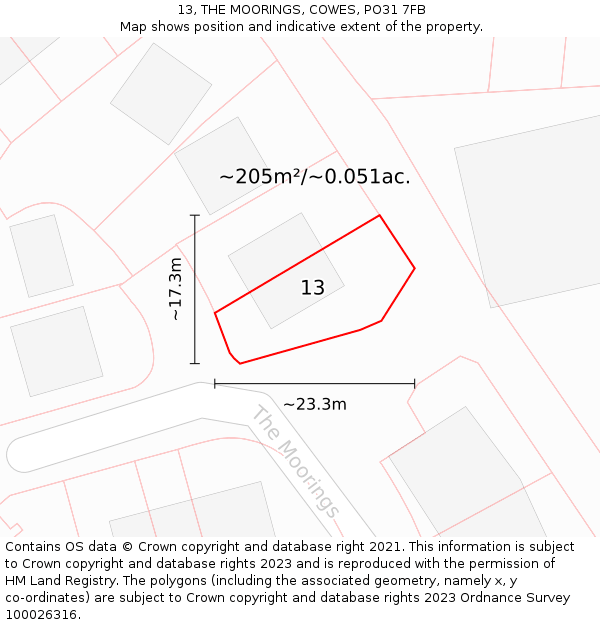 13, THE MOORINGS, COWES, PO31 7FB: Plot and title map