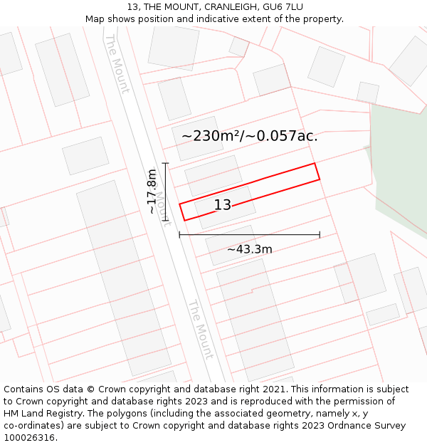 13, THE MOUNT, CRANLEIGH, GU6 7LU: Plot and title map