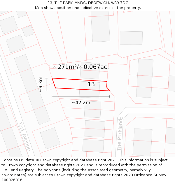 13, THE PARKLANDS, DROITWICH, WR9 7DG: Plot and title map