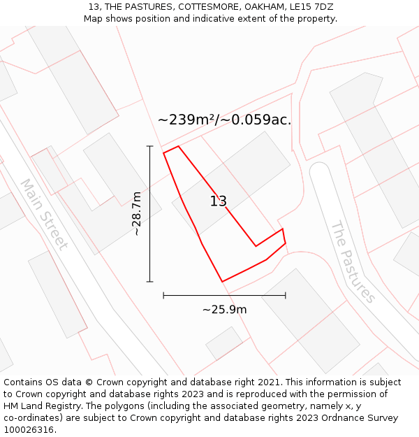 13, THE PASTURES, COTTESMORE, OAKHAM, LE15 7DZ: Plot and title map