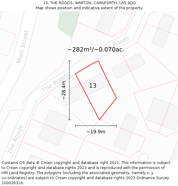 13, THE ROODS, WARTON, CARNFORTH, LA5 9QG: Plot and title map