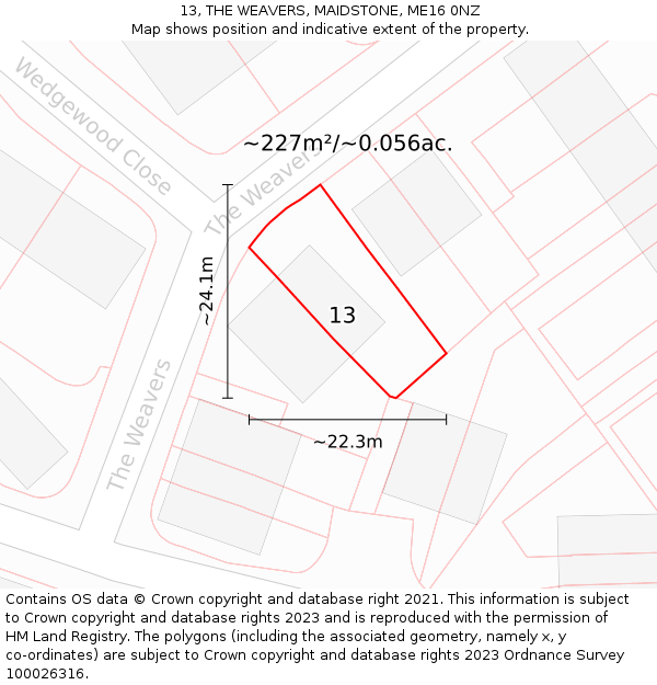 13, THE WEAVERS, MAIDSTONE, ME16 0NZ: Plot and title map