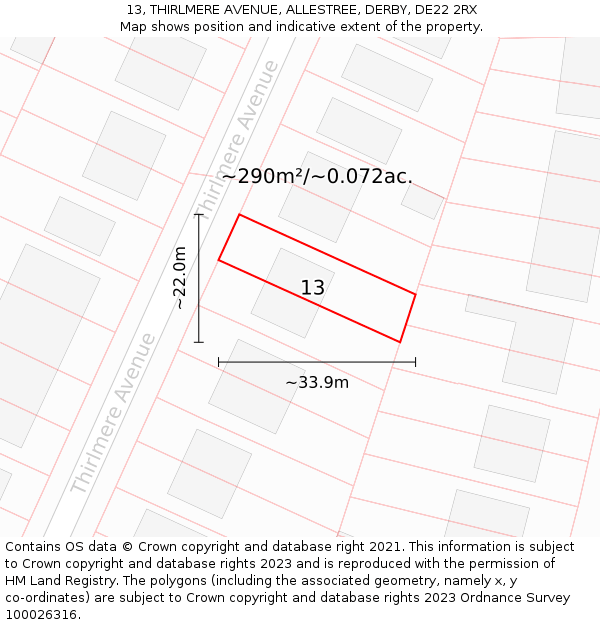 13, THIRLMERE AVENUE, ALLESTREE, DERBY, DE22 2RX: Plot and title map