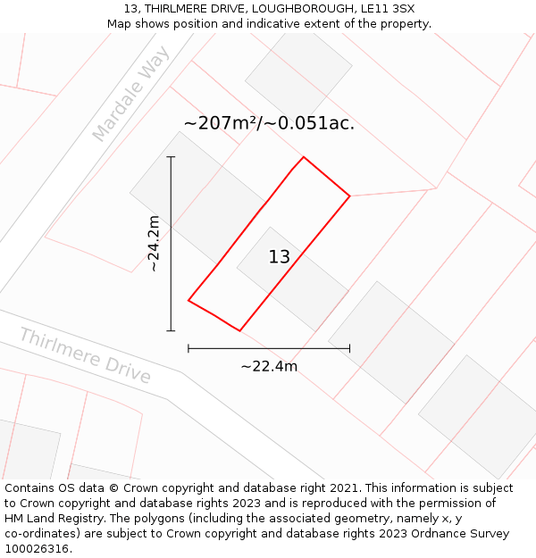 13, THIRLMERE DRIVE, LOUGHBOROUGH, LE11 3SX: Plot and title map