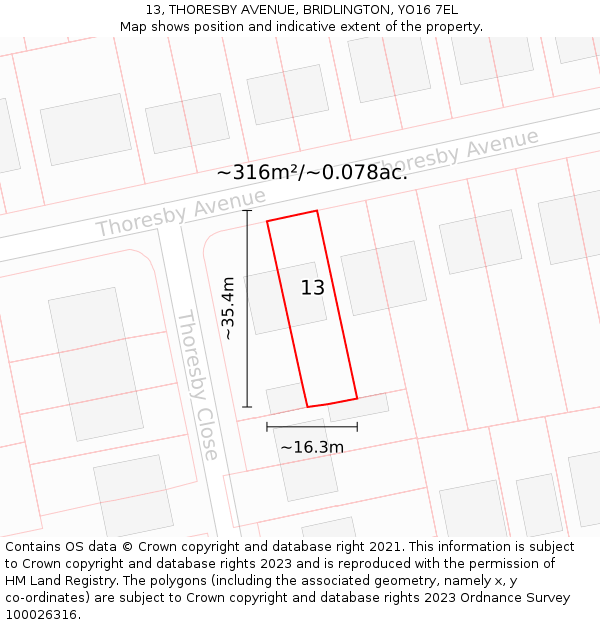 13, THORESBY AVENUE, BRIDLINGTON, YO16 7EL: Plot and title map