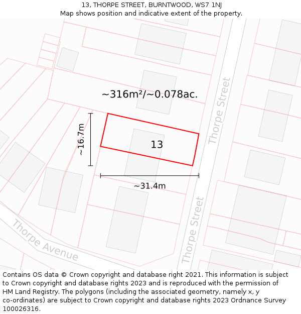 13, THORPE STREET, BURNTWOOD, WS7 1NJ: Plot and title map