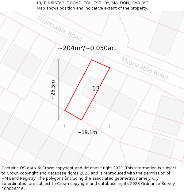 13, THURSTABLE ROAD, TOLLESBURY, MALDON, CM9 8SF: Plot and title map