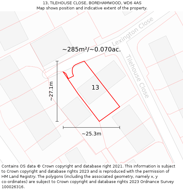 13, TILEHOUSE CLOSE, BOREHAMWOOD, WD6 4AS: Plot and title map