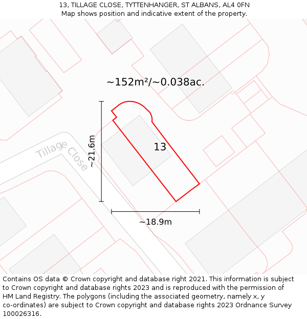 13, TILLAGE CLOSE, TYTTENHANGER, ST ALBANS, AL4 0FN: Plot and title map