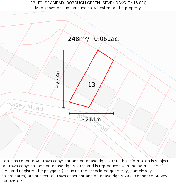 13, TOLSEY MEAD, BOROUGH GREEN, SEVENOAKS, TN15 8EQ: Plot and title map