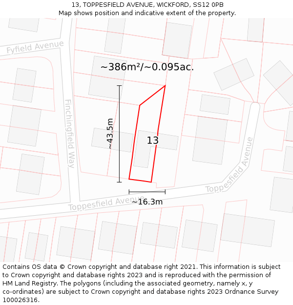 13, TOPPESFIELD AVENUE, WICKFORD, SS12 0PB: Plot and title map